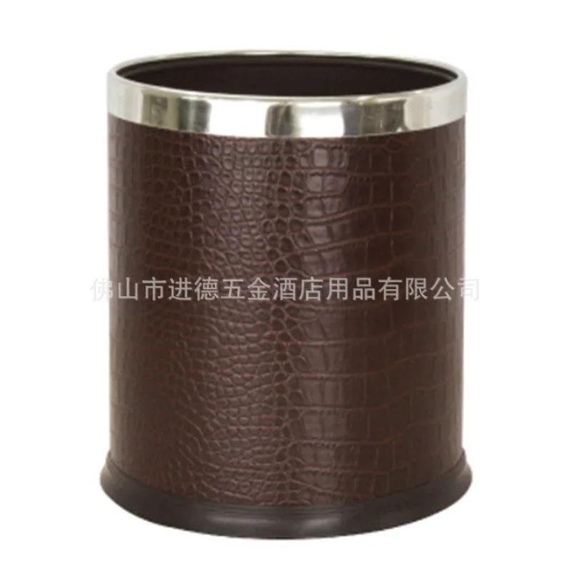 Special offer: Leather texture single-layer guest room bucket, hotel trash bin, double-layer black lacquered bucket, stainless s