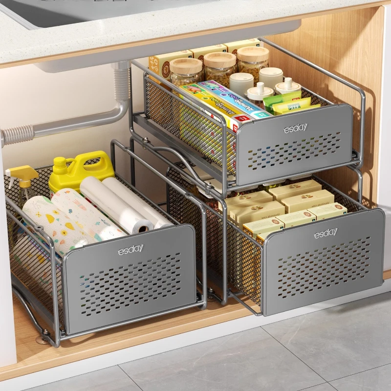 

‌NoDrill Cabinet SlideOut Basket,Deep Kitchen Storage Organizer,Stackable Mesh Rack with AntiSlip Hook,Pull Out Pantry Shelf