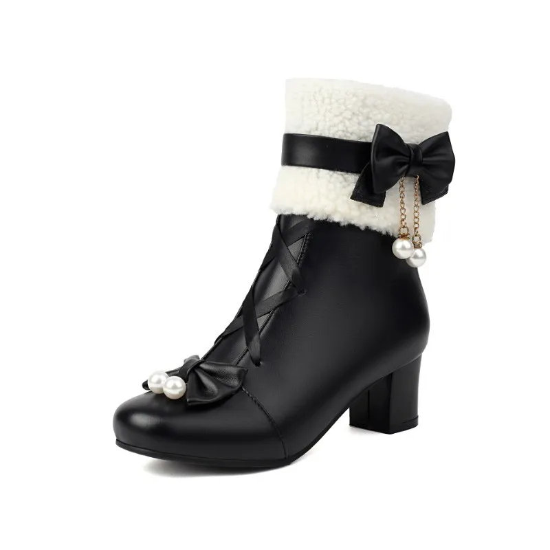 

Pu Winter Lolita Boots Fluffy Round Toe Cosplay Women Shoes Lolita Ankle Boots Plus Velvet Warm Boot