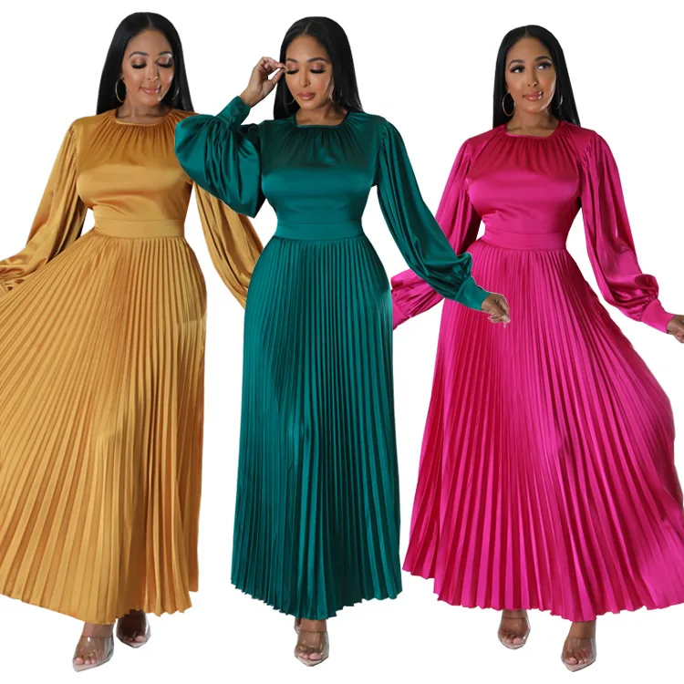 

Long Dress Women Maxi Dresses A Line Pleated Vestidos Streetwear Round Neck Full Sleeve Elegant Splice Y2k High Waist 2025