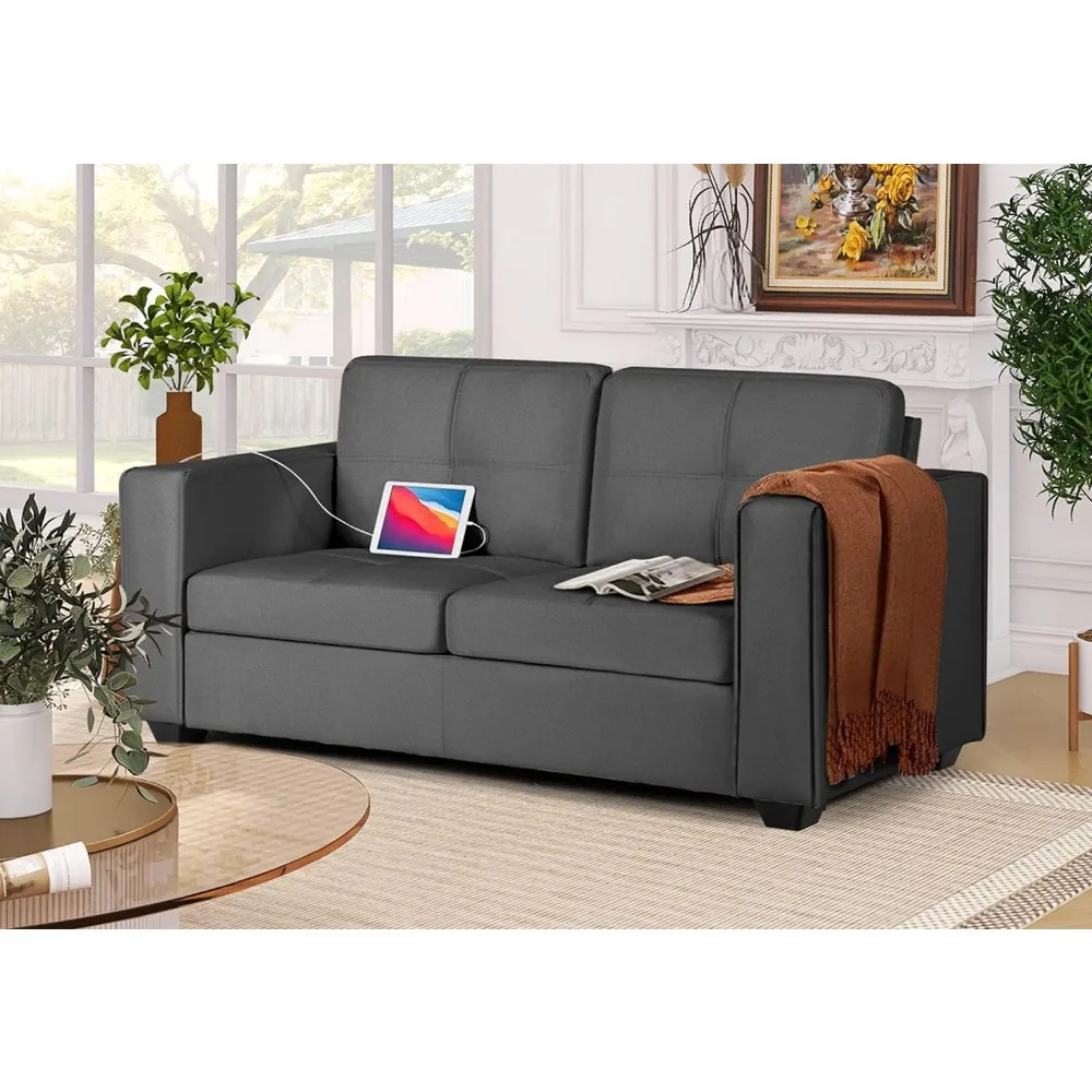 Sofa with 2 USB charging ports, comfortable padded two person sofa, suitable for living room, bedroom, office, and easy assembly