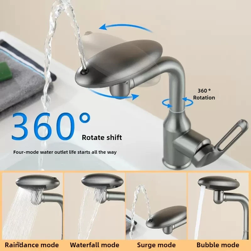 

Household bathroom faucet spaceship design 4 mode waterfall hot cold stainless steel tap