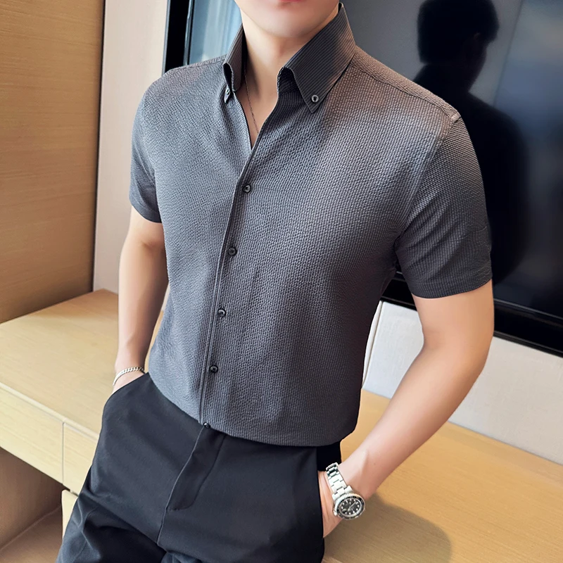 

Summer Shirt Men Thin Bubble Waffle V-neck Blouse Men's Short-sleeved Handsome Turn-down Collar Social Shirt Coffee 2024 New