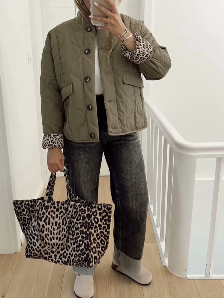 

Новая модная хлопковая куртка на подкладке с леопардовым принтом, женское однобортное стеганое парковое пальто с круглым вырезом, женские осенне-зимние теплые пальто