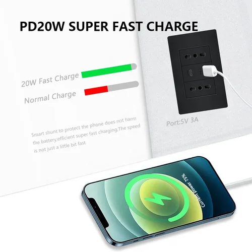 Imagen 2 del producto Enchufe de pared de carga rápida USB inteligente tipo c 20W, interruptor de luz eléctrica de Brasil, toma de corriente USB Dual, Italia, Chile y México