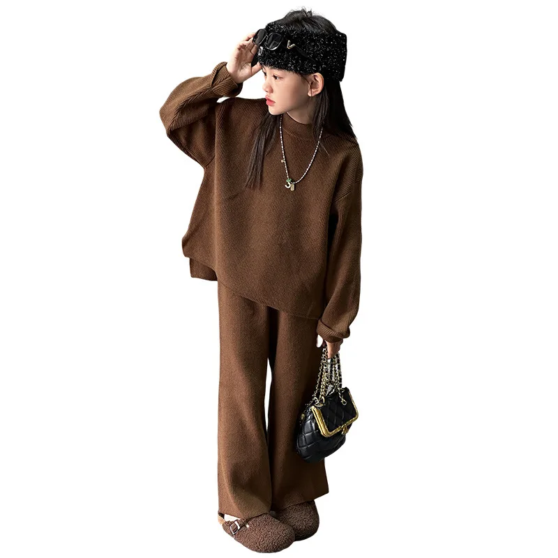 Girl Knitted Clothes Set Outfit Teenager Sweaters Wide Leg Pants Two Pieces Children kids Brown Suits 8 10 12 14 ensemble fille