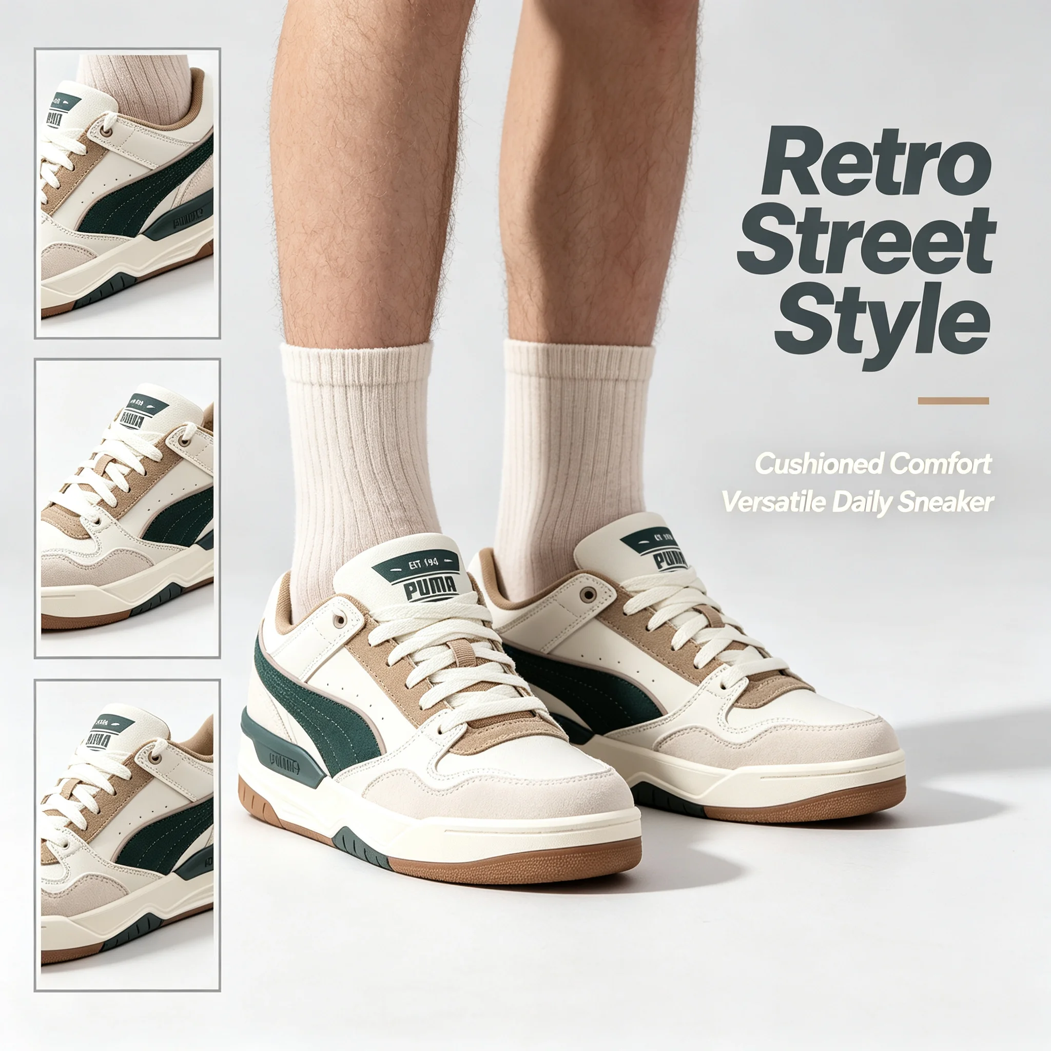 Puma Off White Dark Green Puma Retro Skate Shoes Men Women Mix Leather Gum Rubber Sole Vintage Street Casual Sneakers