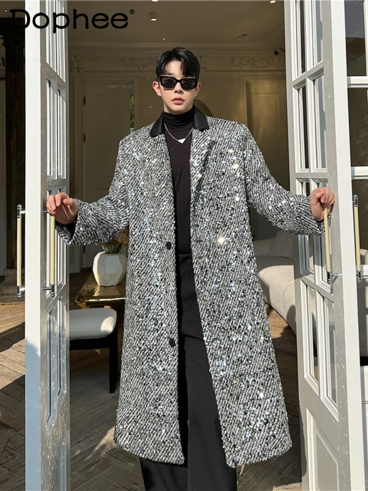 

2024 Autumn Winter Trendy Sequin Color Matching Lapel High Street Fashion Medium Long Woolen Coats Men's Long Sleeve Trench Coat