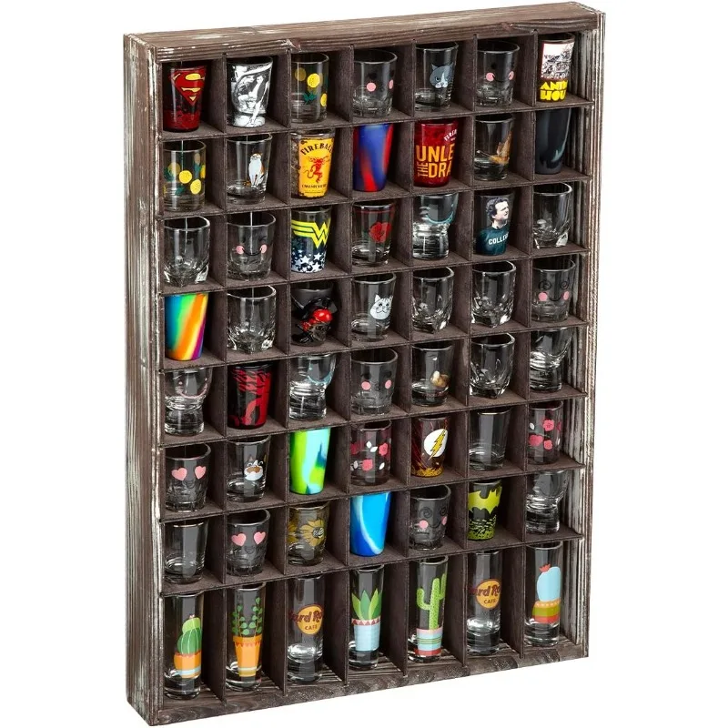 

Rustic Wood Shot Glasses Display Case 56 Compartments Wall Mount Pint glass Shadow box Bar Cabinet Collection Freestanding