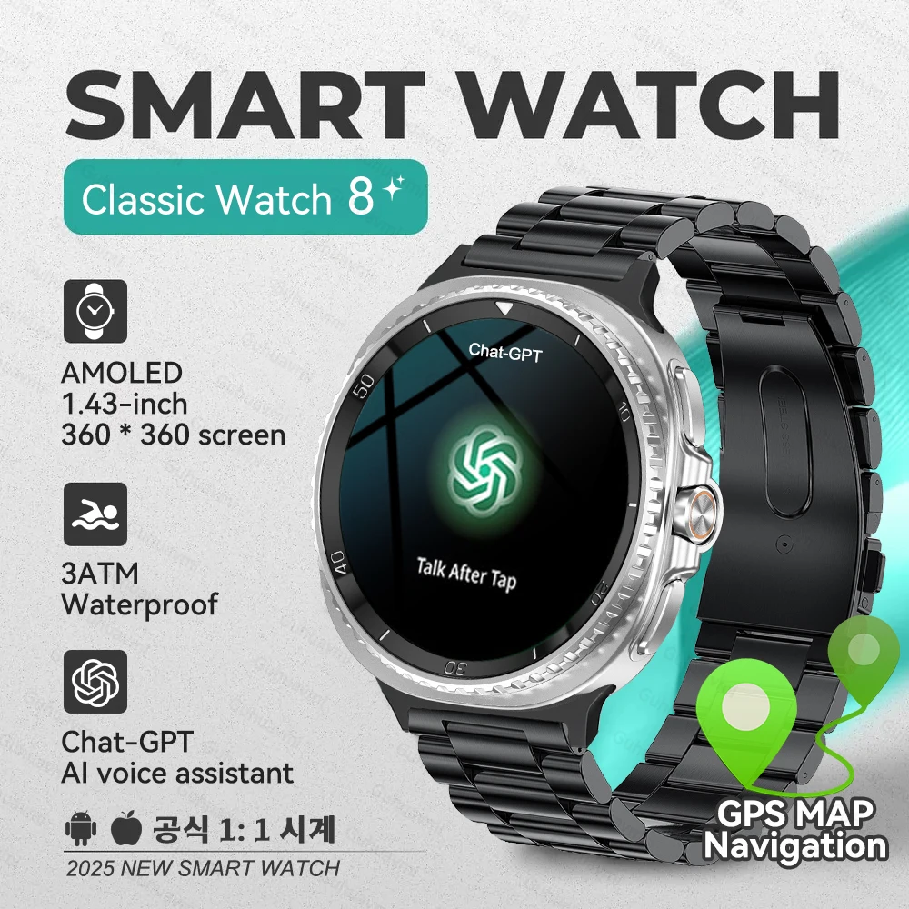 

Новые классические часы8 Chat GPT AI Voice Смарт-часы Мужчины GPS Компас 3ATM Водонепроницаемые NFC Женские 1,43 "AMOLED HD BT Call Smartwatch
