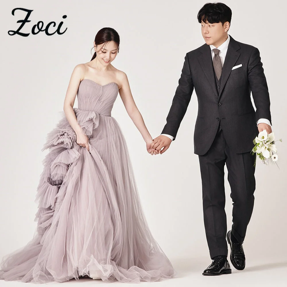 

Zoci Dusty Purple Strapless Korea Wedding Dresses Fairy Tulle Sweetheart Evening Dress Photos Shoot Customized Bride Party Gown