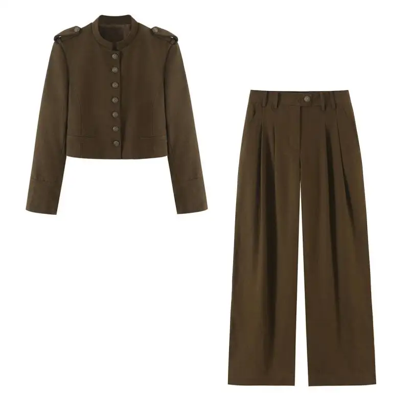 Maxdutti Minimalist Women's Matching Sets Stand Up Collar Single Breasted Long Sleeved Jacket Pleated High Waisted Pants Set