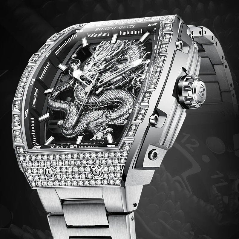 

BONEST GATTI Men's Personalized Dragon Watch Relief Inlaid Diamond Temperament Stainless Steel Watch Strap Mechanical Watch