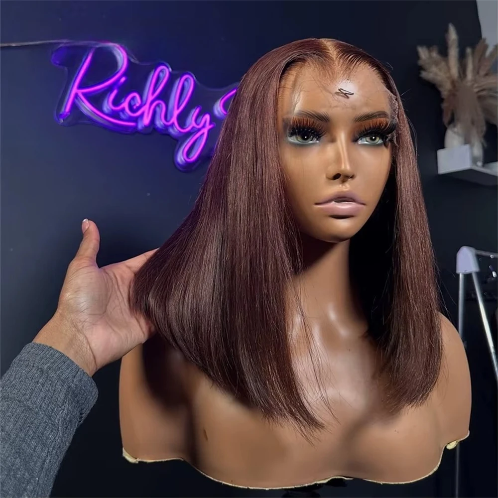 Gerade Bob-Perücken aus 100 % Echthaar # 4 braune Bob-Perücken, 13 x 4 Spitzen-Frontal-Perücken, vorgezupfte Echthaar-Perücken für Frauen, 200 % Dichte