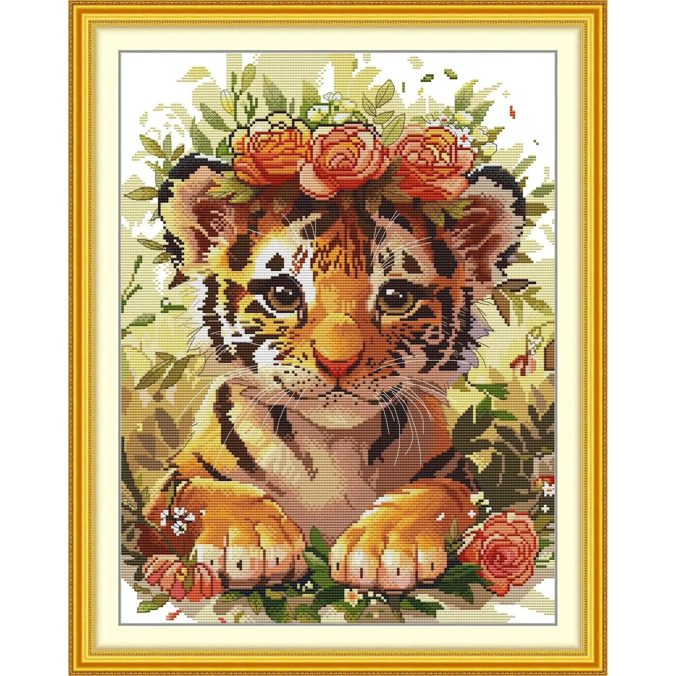 

Joy Sunday Pre-printed Cross Stitch Kit Easy Pattern Aida Stamped Fabric Embroidery Set-Tiger with A Garland of Flowers