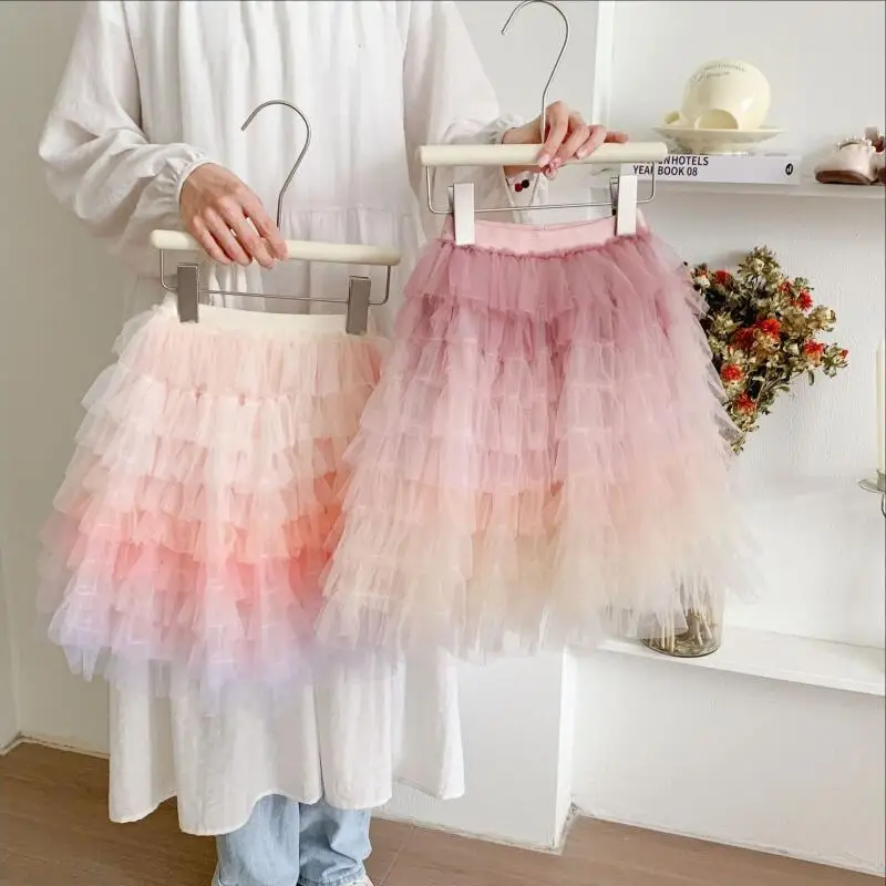 Spring Summer Child Rainbow Tiered Skirt Girl Sweet Cute Mesh Puff Skirt New Model Tutu Skirt Princess Dress Skirt Festival Gift