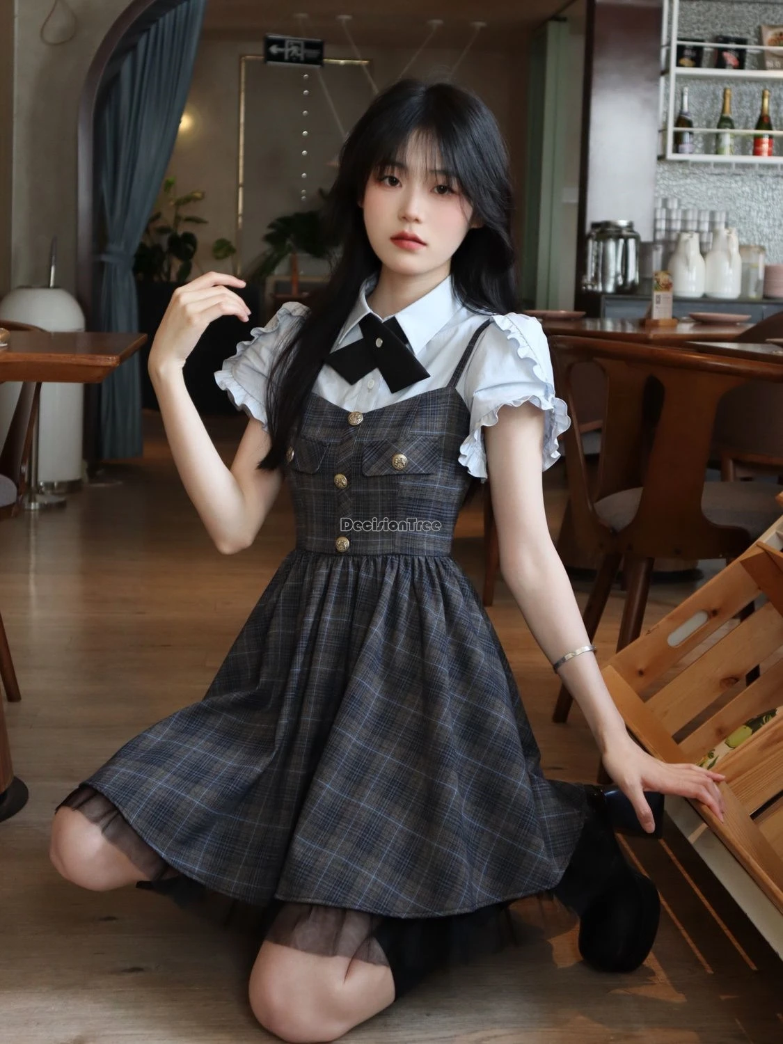 2024 chinese academy style classic jk uniform simple stringy selvedge design shirt plaid element waist cinching suspender skirt