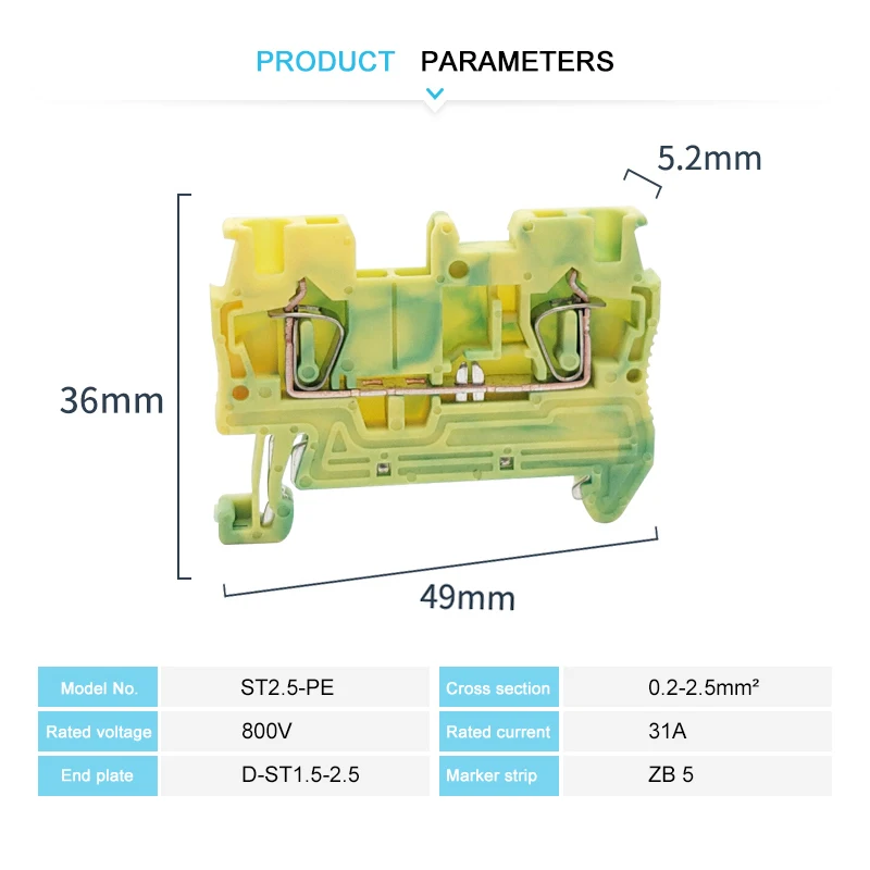 ST2.5-PE Ground Din Rail Wire Connector Terminal Block 2.5mm² Spring-cage Feed-through Protective Earth Electric ST 2.5-PE