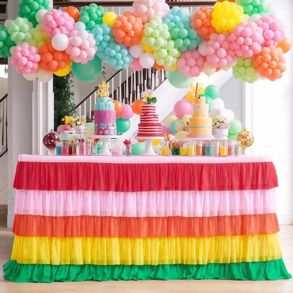 Chiffon Table Skirt Multi-layer Ruffle Reusable Table Skirt Gradient Rainbow Color Beach Parties Birthday Party Home Decorations