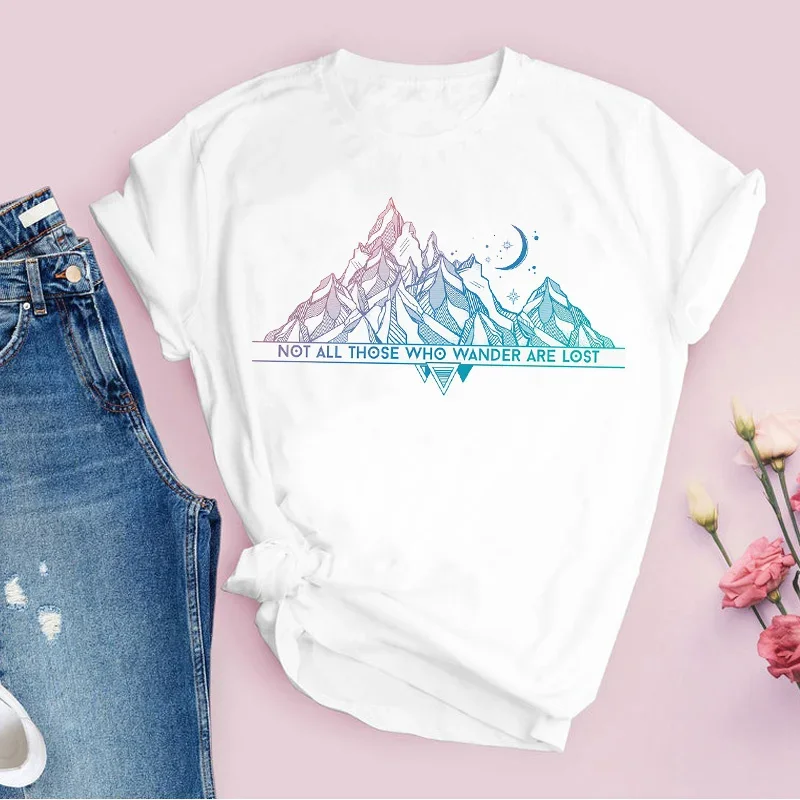 

Women Printing Graphic Mountain Short Sleeve Adventure Cartoon 90s Print Tops Lady Tees Clothing Female T Shirt Womens T-Shirt