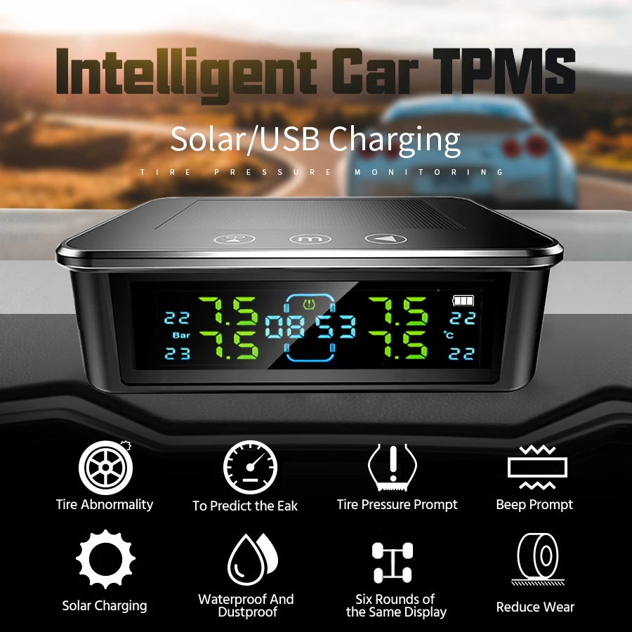 Tire Pressure Monitoring System Color LCD Display Touch Screen Solar TPMS 4 Sensors for RV/Trailer/Truck/SUV