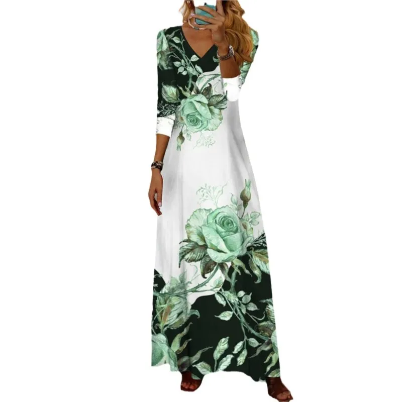 Elegant Ladies Loose Floral Printing Dress 2024 Women's New Print V-neck Button Long Sleeved Dress female Fashion Robe Vestidos