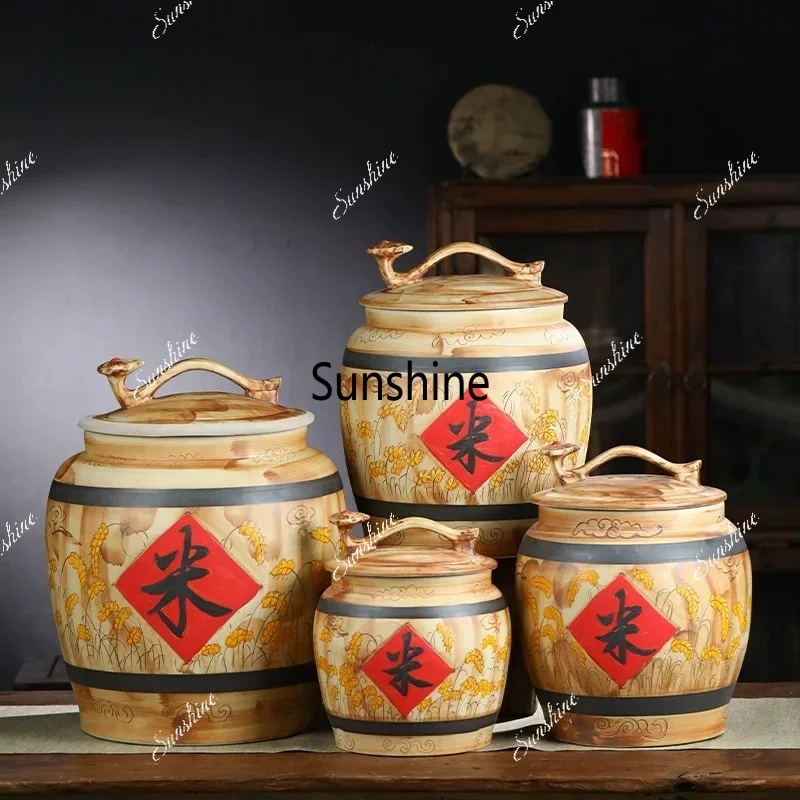 YCeramic rice tank retro household with lid seal moisture-proof insects