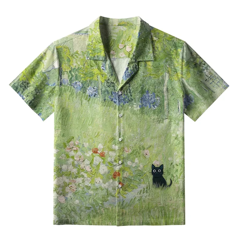 Camisa havaiana de férias para homens, estampa 3d, vintage, pintura a óleo, gato, verão, solta, havaiana, praia, tops, casual, lapela, blusa, roupas masculinas