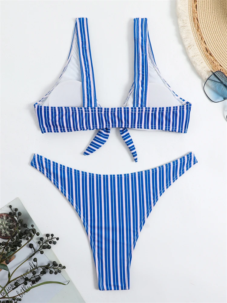 Bikini Women Swimsuit 2024 New Solid Striped Sling Bikinis Set Sexy Thong Swimwear Summer 2 Piece Beachwear Bathing Suit Female