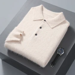 Jersey para hombre, suéter de punto de cachemira de visón 100% con cuello tipo Polo, informal, holgado, de talla grande, manga larga, versión coreana de invierno 23