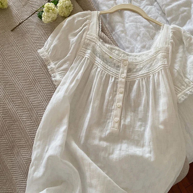 Prinzessin Nachtwäsche Damen Reine Baumwolle Peignoir Weiß Kurzarm Viktorianisches Langes Nachtkleid Romantische Vintage Nachthemden Homewear