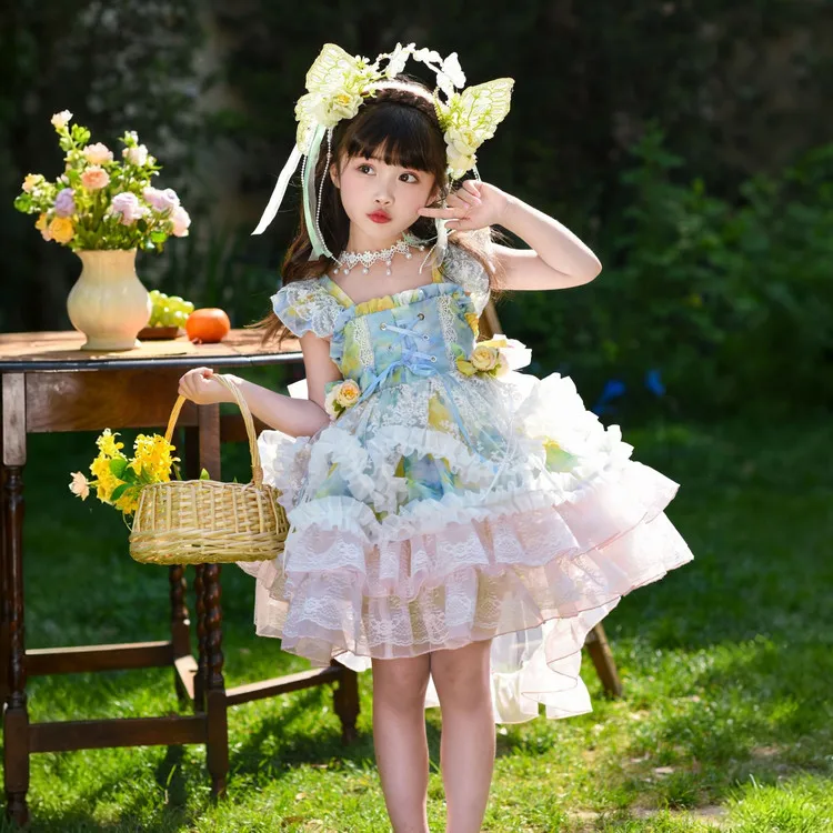 Vestido de Princesa de Verão para Meninas, Vestido Verde de Conto de Fadas Lolita de Alta Definição para Crianças, Roupa Infa...