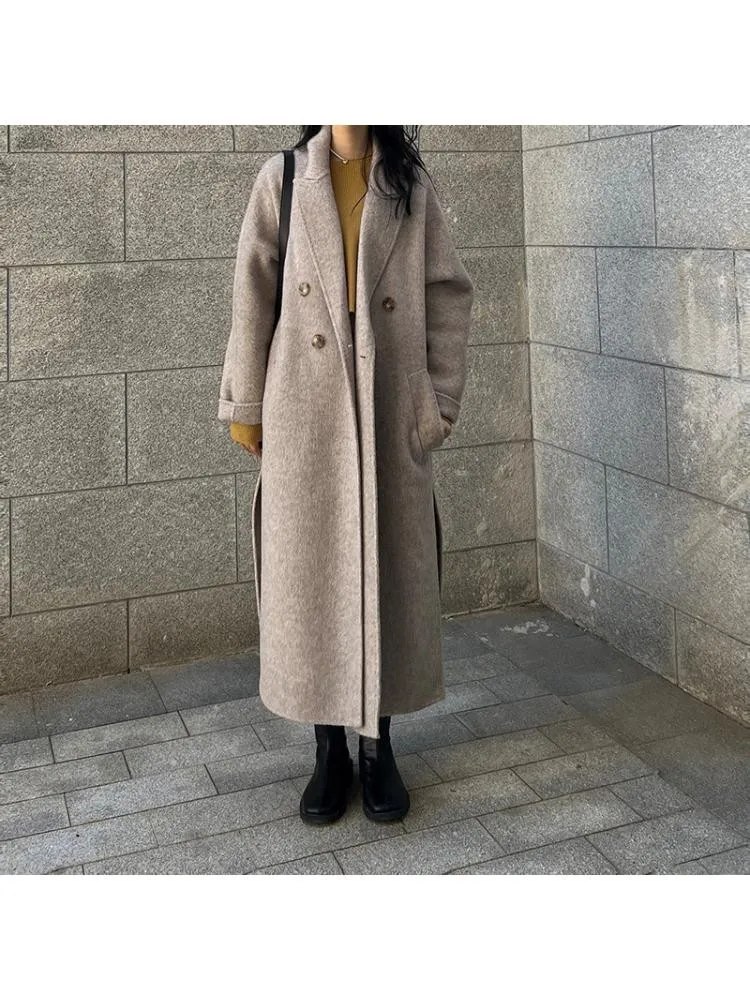 2023 Winter New Korean Style Double Breasted Loose Pink Long Woolen Jacket Overcoat Women Handmade Gray 100% Wool Coat