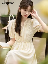 MISHOW French Fairycore Dresses for Women 2023 Summer A-line V-Neck Elegant Puff Sleeve Waist Solid Chiffon Dresses MXC38L1482