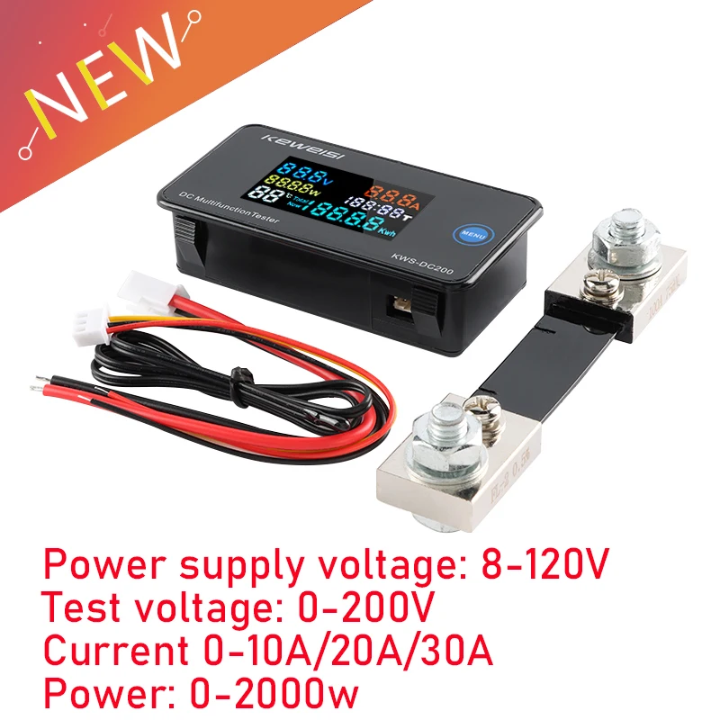 

KWS-DC200 Digital Voltmeter 0-200V Voltage Seven Functions Power Energy Meter LED Color Display Wattmeter 0-10/50/100A