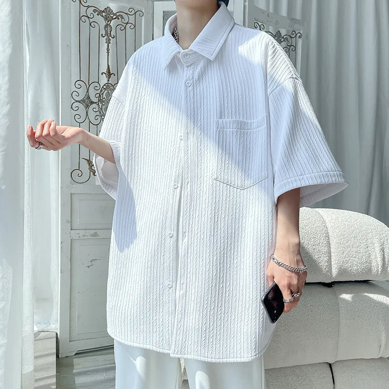 Summer Short Sleeved Shirt Men White Casual Shirt Men Streetwear Loose Pleated Shirt Mens Ice Silk Shirts Large Size 5XL
