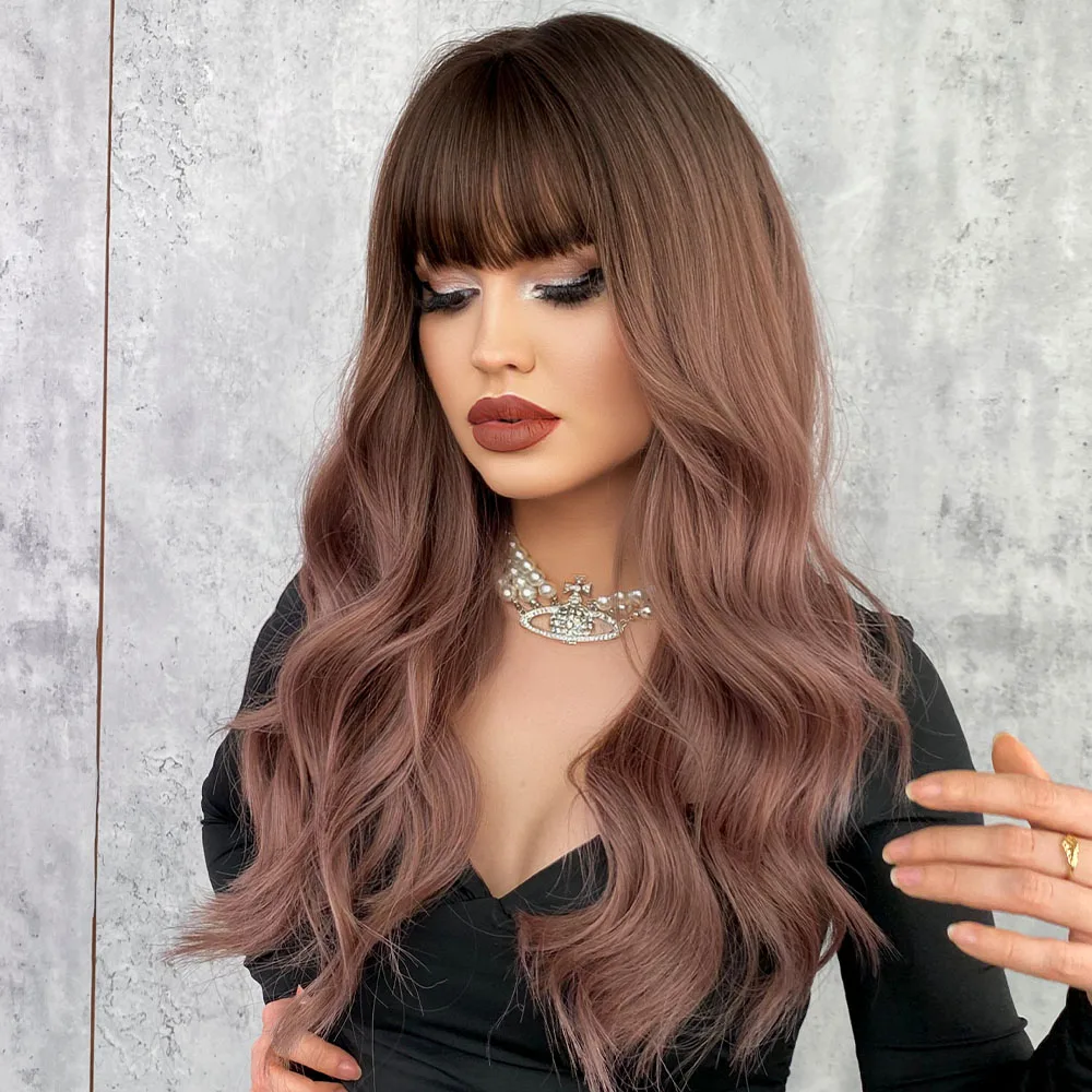 Pink Brown Ombre Wig Women Wig with Bangs Long Wavy Wig Daily Party Cosplay Lolita Heat Resistant Synthetic Natural Fake Hair