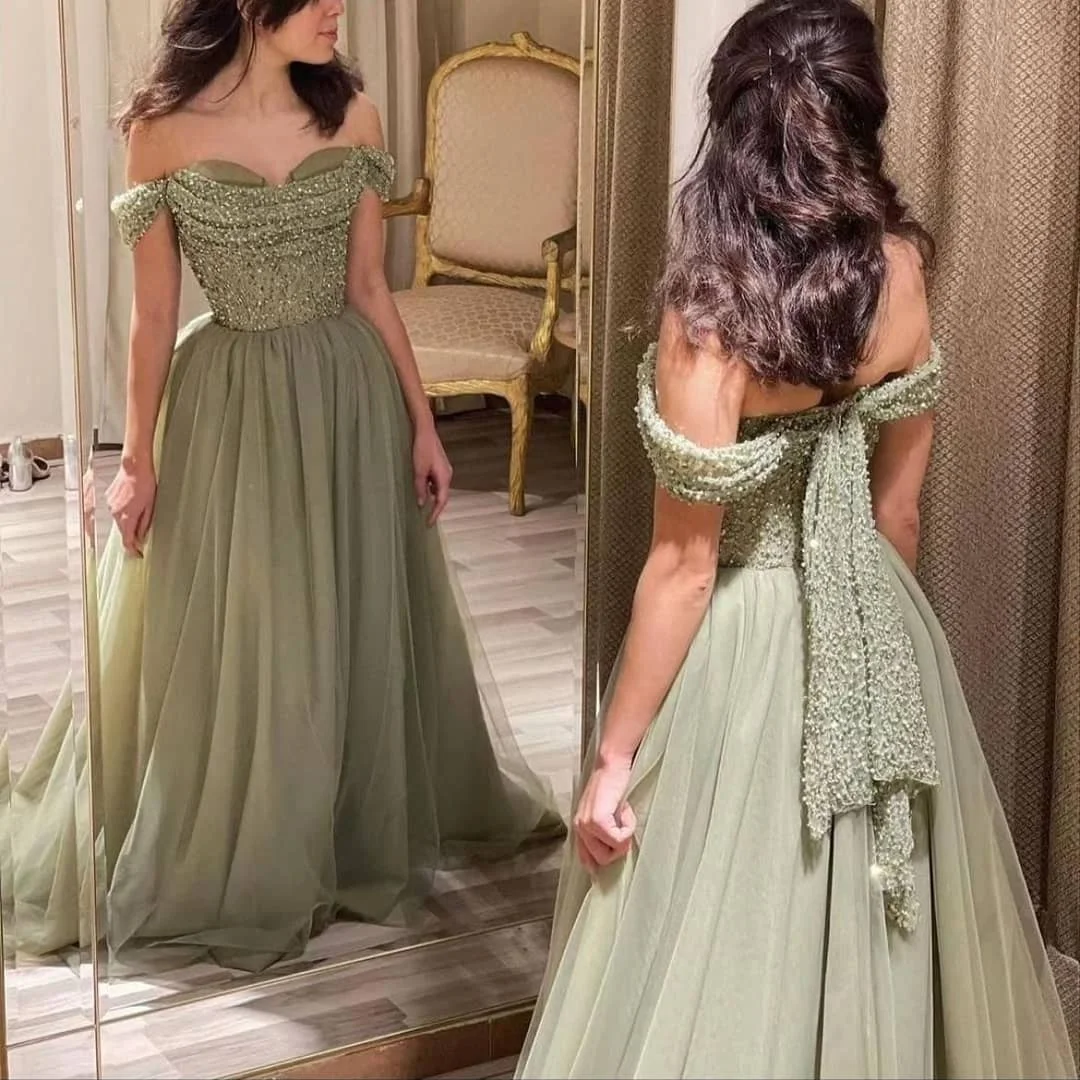 Mint Green Tulle Women Prom Dresses Sequin Off The Shoulder Pleated Formal Occasion Wedding Party Dress Evening Gowns Customized