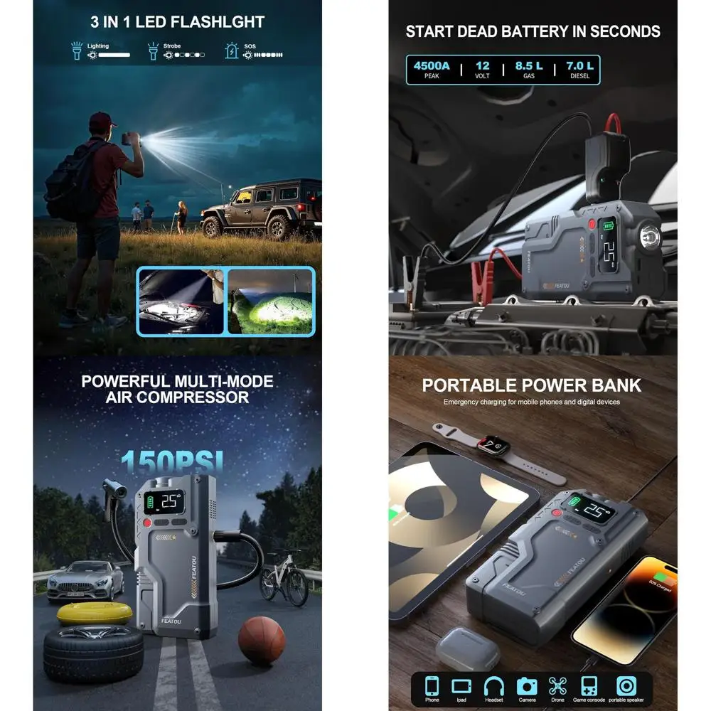 

Стартер с воздушным компрессором, функциональный блок питания 5 в 1, пиковая коробка мощностью 4500 А с цифровым накачивателем шин 150 фунтов на квадратный дюйм, портативный C