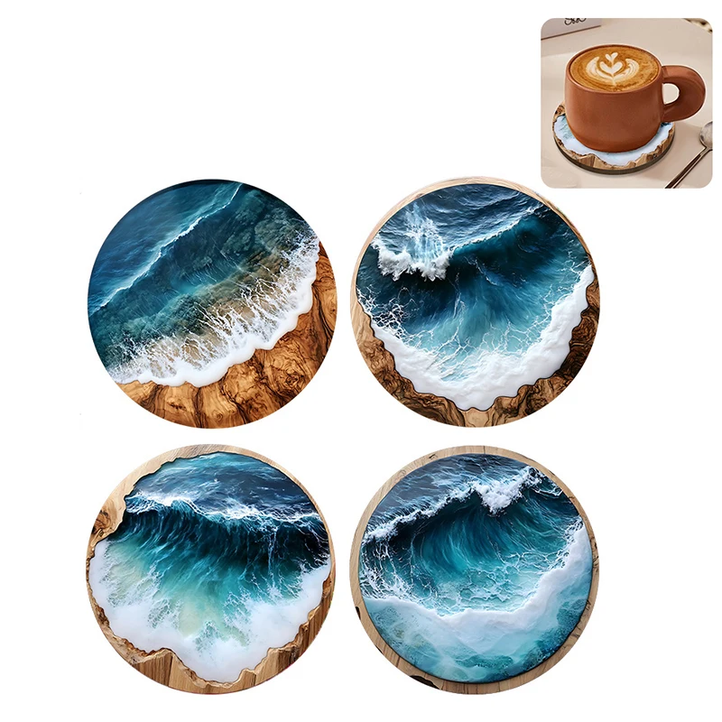 4/6Pcs Blue Ocean Round Wooden Coasters & Placemats Set Home Cafe Party Table Decor Durable Drink Coasters For Stylish Dining