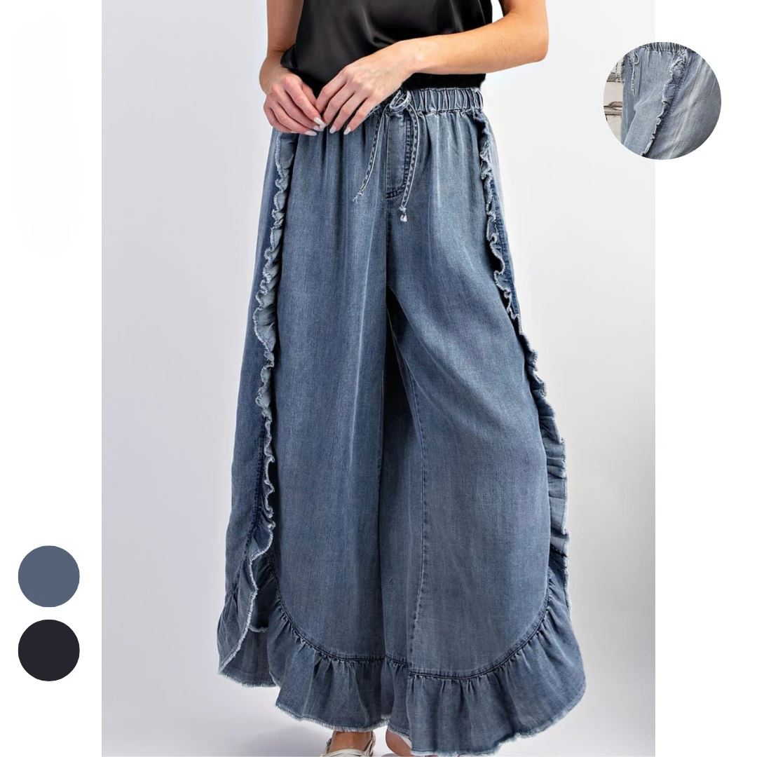 

Pants Women Y2k Loose Casual Maxi Long Pant Lace Up Trousers Elastic Waist Ruffles Elegant Splice Capris Trousers 2024 Summer