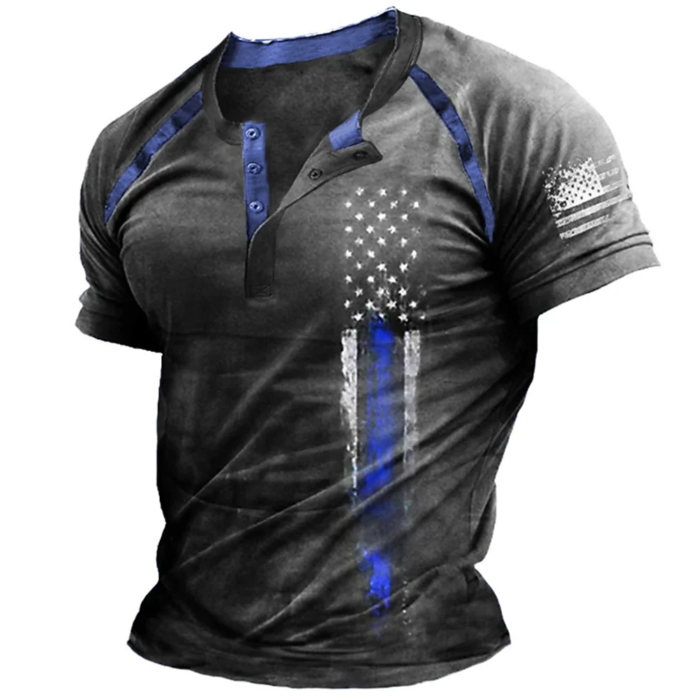 Funny 3D American Flag Print Men's Henry Shirt Fashion Henry Collar Short Sleeve Tops Summer Street Vintage Clothes Casual Tees