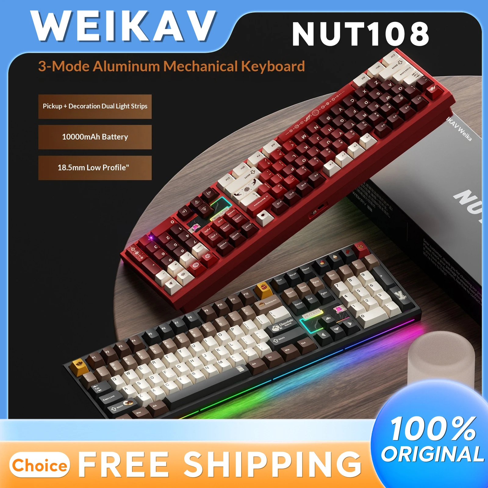 

Механическая клавиатура WEIKAV NUT108 Tri Mode из алюминиевого сплава, беспроводная, 2.4G Bluetooth, 104 клавиши, 10000 мАч, RGB-подсветка, для офиса и игр