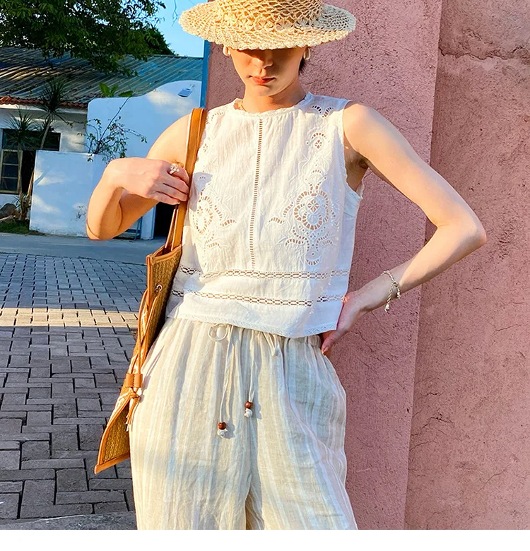 French Designer Boho White Cotton Eyelet Tank Top Women Sleeveless Embroidery Hollow Out Casual Summer Vacation Ladies Blouse view 6