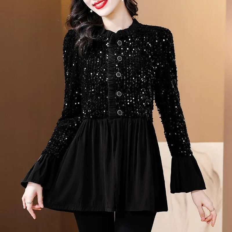 

2025 Western Style Mid-length Autumn and Winter Coat Long-sleeved Shirt Women's Sequin Horn Splicing New Cardigan Top