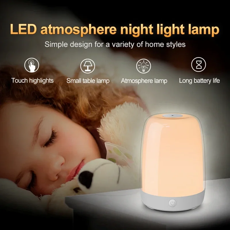 Lámpara LED de luz nocturna con Sensor táctil para dormitorio, luz suave y colorida con interruptor, regalo de Navidad para niños y bebés, 1200mAh, carga tpye-c