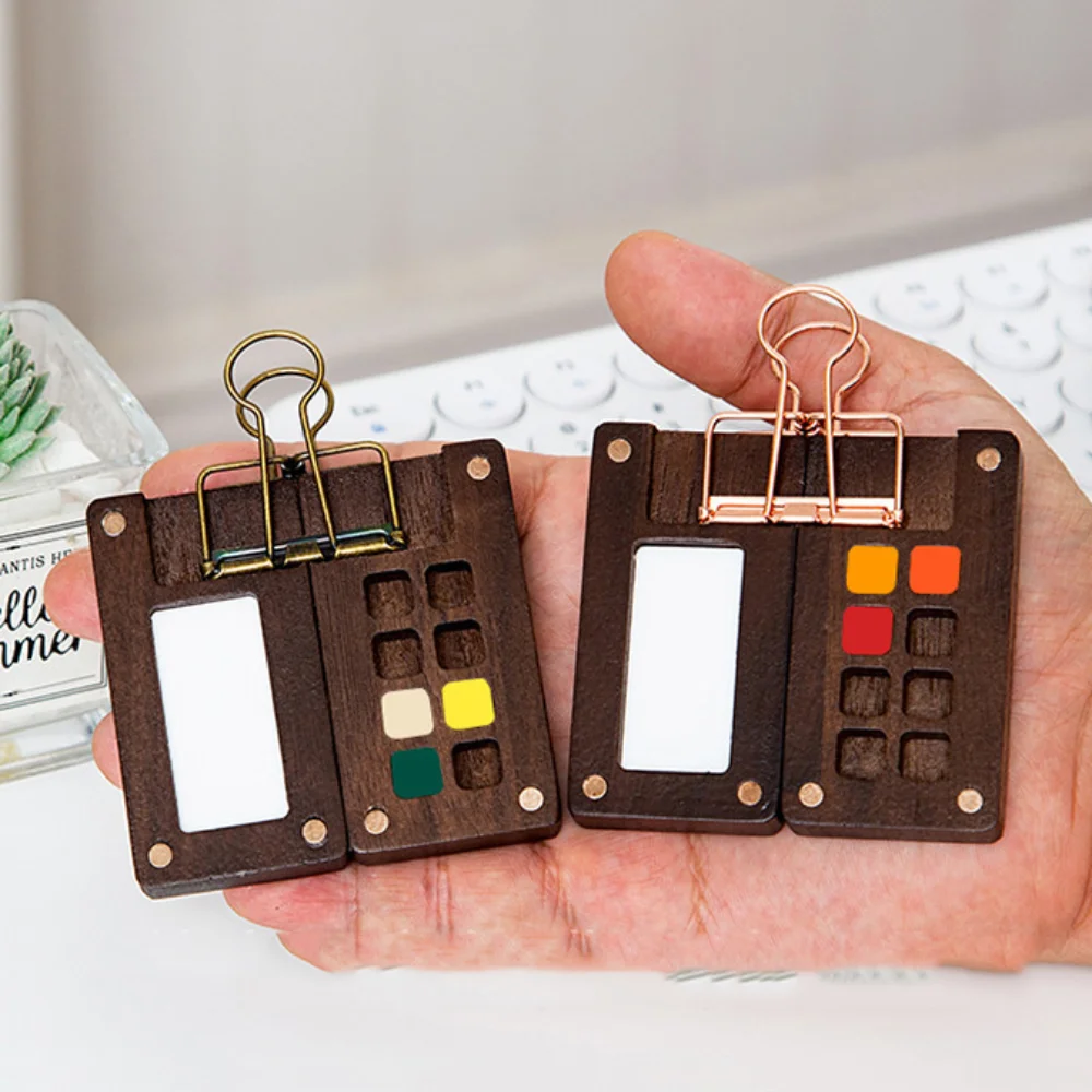 صندوق فارغ لوحة ألوان مائية صغيرة من خشب الجوز الأسود طلاء خشبي محمول صندوق فارغ خشبي 8 شبكات #4