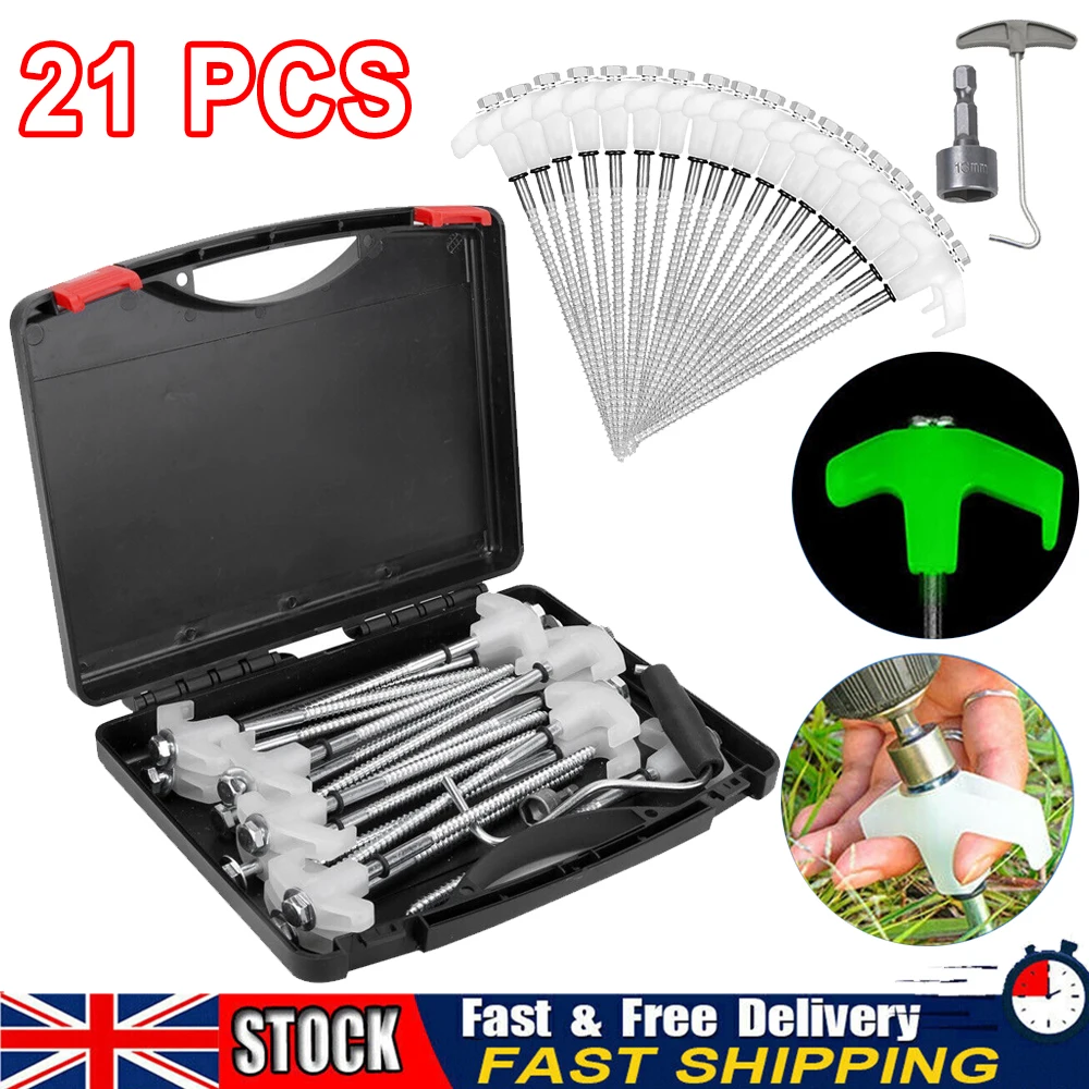 21-delige set zeskantige tentpinnen, extra sterke campingpinnen, glow-in-the-dark plastic T-handgreep, roestvrij staal tentankers met booradapter & opbergkoffer, multi-terreinpinnen voor tent, luifel,