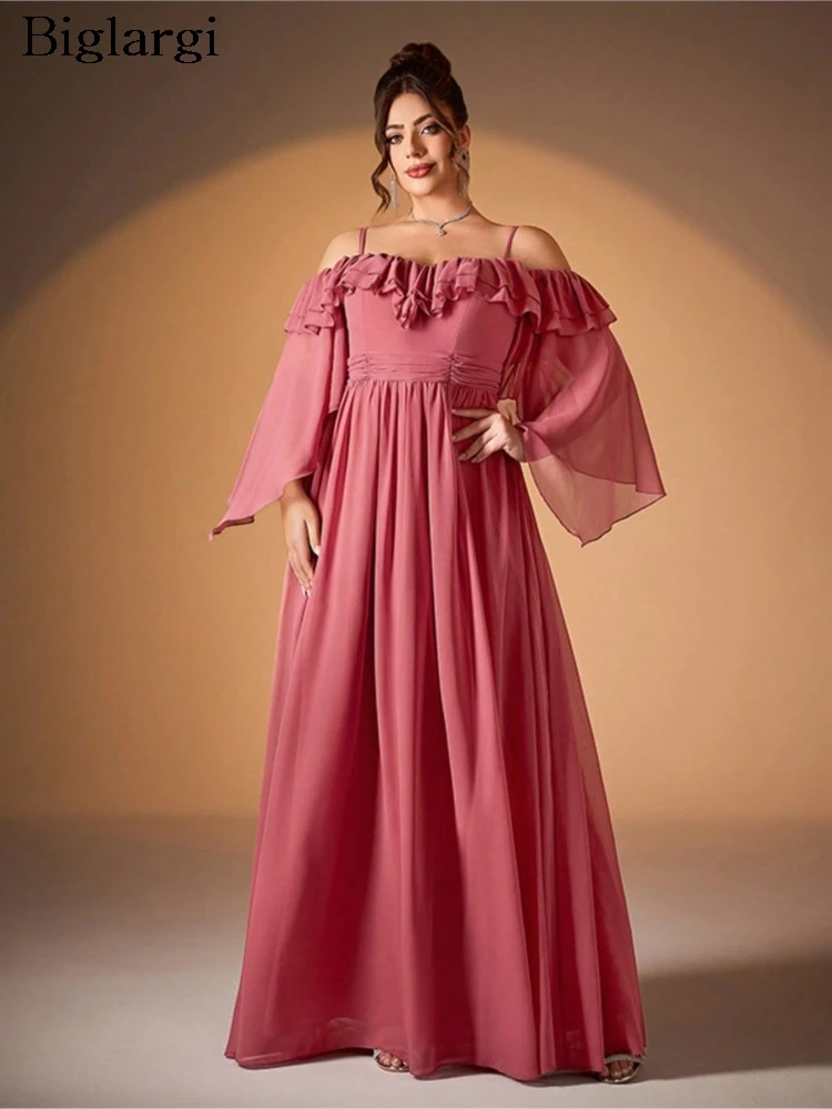

Plus Size Summer Dress Women Pink Off Shoulder Ruffle Pleated Fashion Elegant Ladies Dresses Loose Woman Long Dress