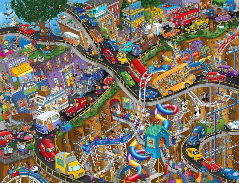 Funny Traffic Town Jigsaw Puzzle 500/1000/1200/2000PCS Colorful Cartoon Buildings Roller Coaster Busy Urban Landscape Puzzle